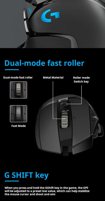 Mouse gaming cablato Logitech G502 HERO ad alte prestazioni, sensore HERO 25K, 25,600 DPI, RGB, pesi regolabili, 11 pulsanti, mouse PC/Mac