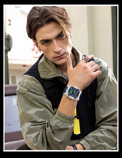 SANDA 6310 Men's Electronic Watch Multifunctional Luminous Alarm Clock Calendar Stopwatch Dual Display Digital Watches for Man