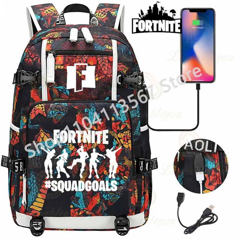 Yule Trooper F-Fortnited Battle Royale Rucksack mit USB-Ladeanschluss, Anime-Figuren, Lern- und Schreibwarenfach für Schüler