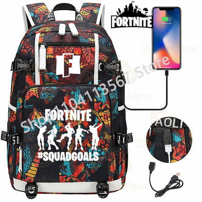 Yule Trooper F-Fortnited Battle Royale Rucksack mit USB-Ladeanschluss, Anime-Figuren, Lern- und Schreibwarenfach für Schüler