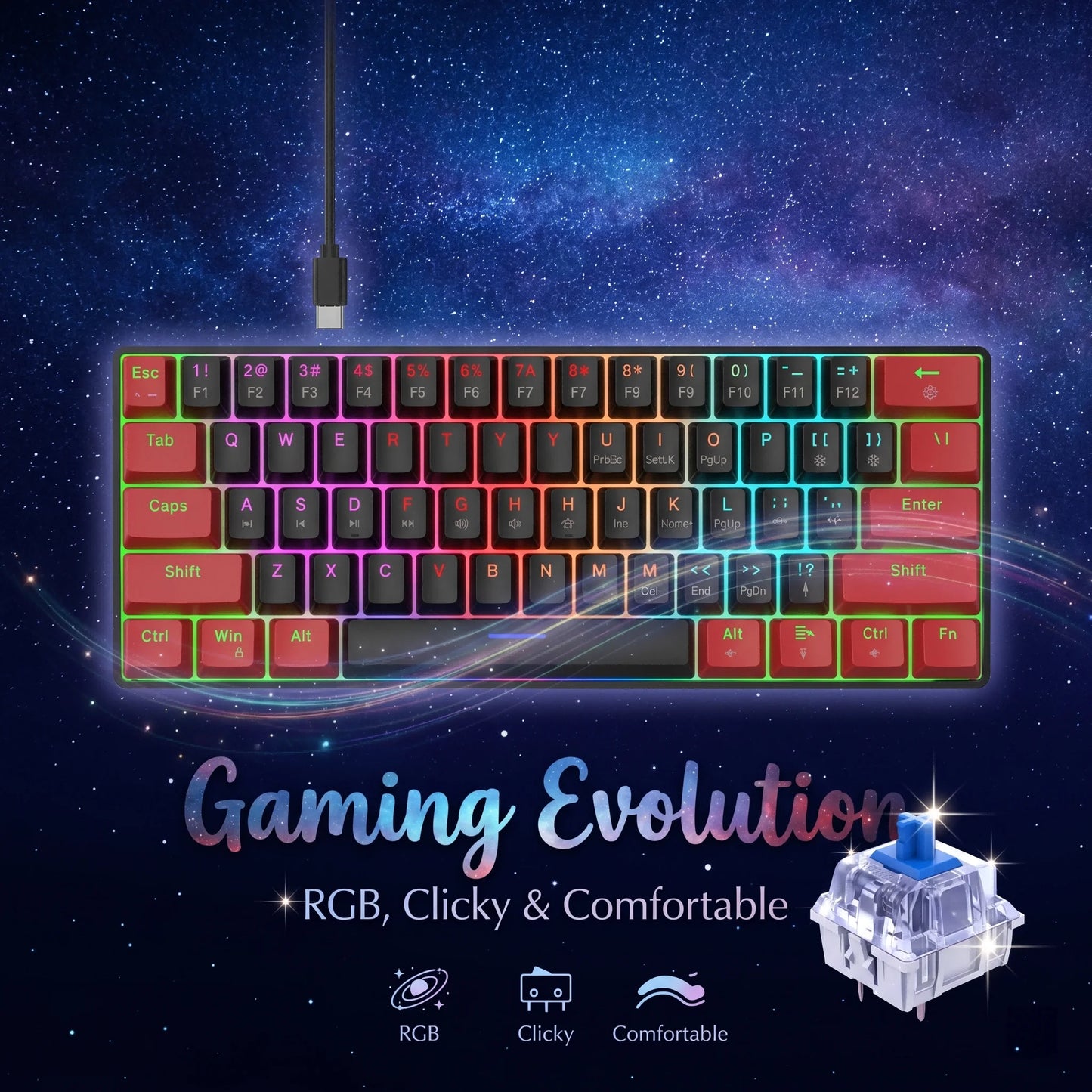 61 Keys Mechanical Gaming Keyboard RGB LED Backlit Compact Wired Red Switches Colorful Keycaps for Desktop Computers