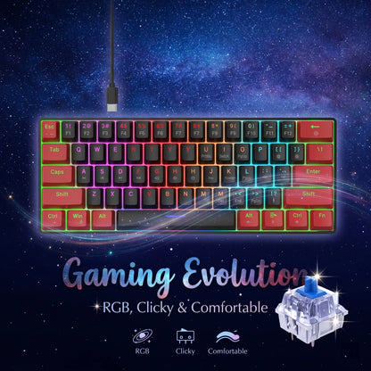 61 Keys Mechanical Gaming Keyboard RGB LED Backlit Compact Wired Red Switches Colorful Keycaps for Desktop Computers
