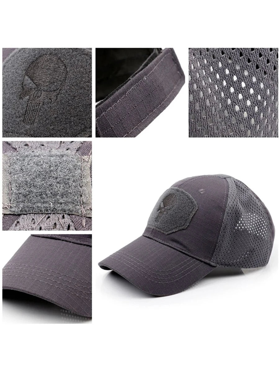 2024 New Summer Camouflage Skull Baseball Mesh Cap Adjustable Airsoft Outdoor Tactical Hiking Casquette Hats For Men Women