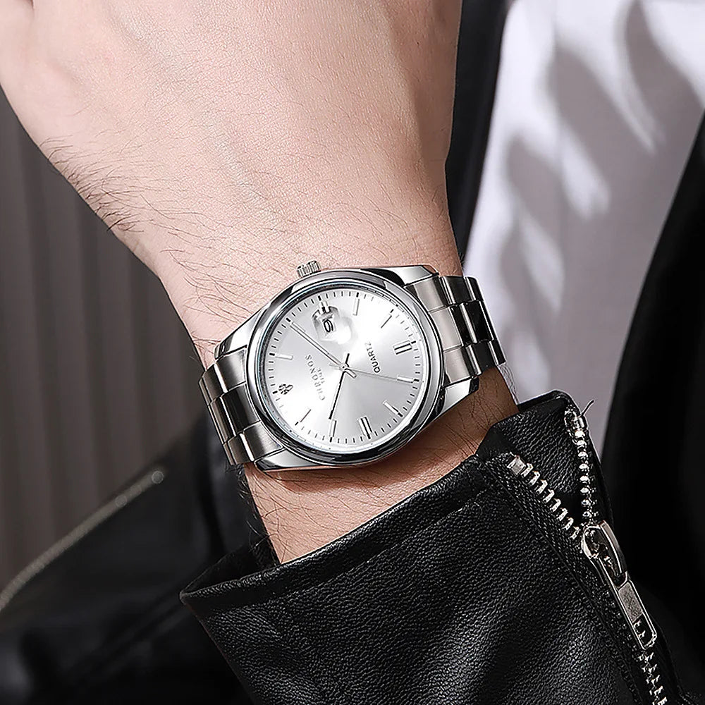 CHRONOS men’s wristwatch – Luxury brand, water-resistant, luminous, with date display, made of stainless steel, quartz movement.