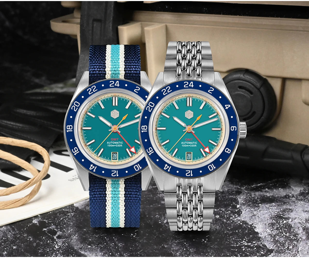 Relógio Automático Masculino San Martin 39.5mm Edição Limitada com Mostrador Full Lume NH34 GMT 6H Data 10Bar Luxo Kol Saati SN0116W