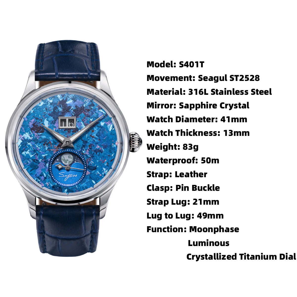 Sugess Watch of Men Moonphase ST2528 Movement Automatic Mechanical Wristwatches Waterproof Sapphire Crystal Titanium Dial S401