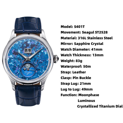 Sugess Watch of Men Moonphase ST2528 Movement Automatic Mechanical Wristwatches Waterproof Sapphire Crystal Titanium Dial S401