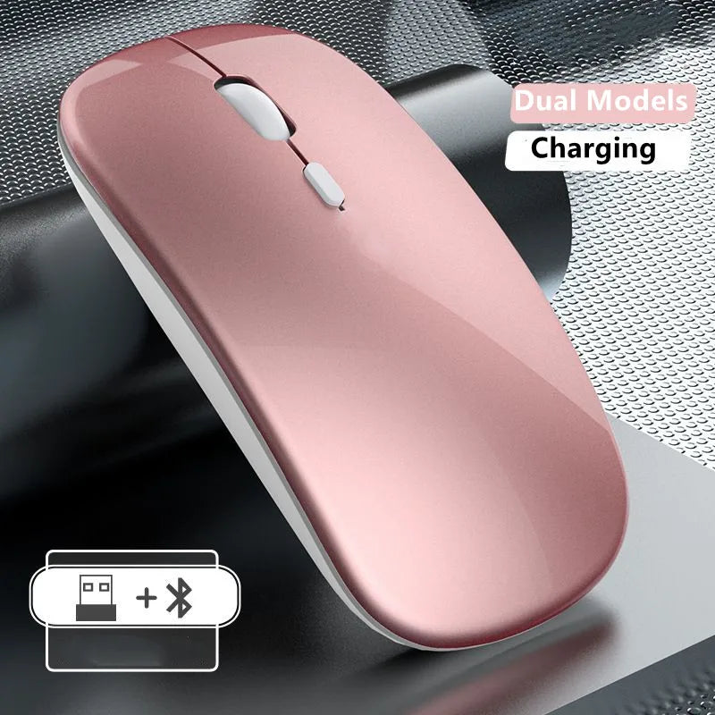 Безжична презареждаема мишка с два режима, съвместима с Bluetooth, 2.4G USB компютърна мишка за лаптоп, iPad, таблет и Notebook, геймърска мишка
