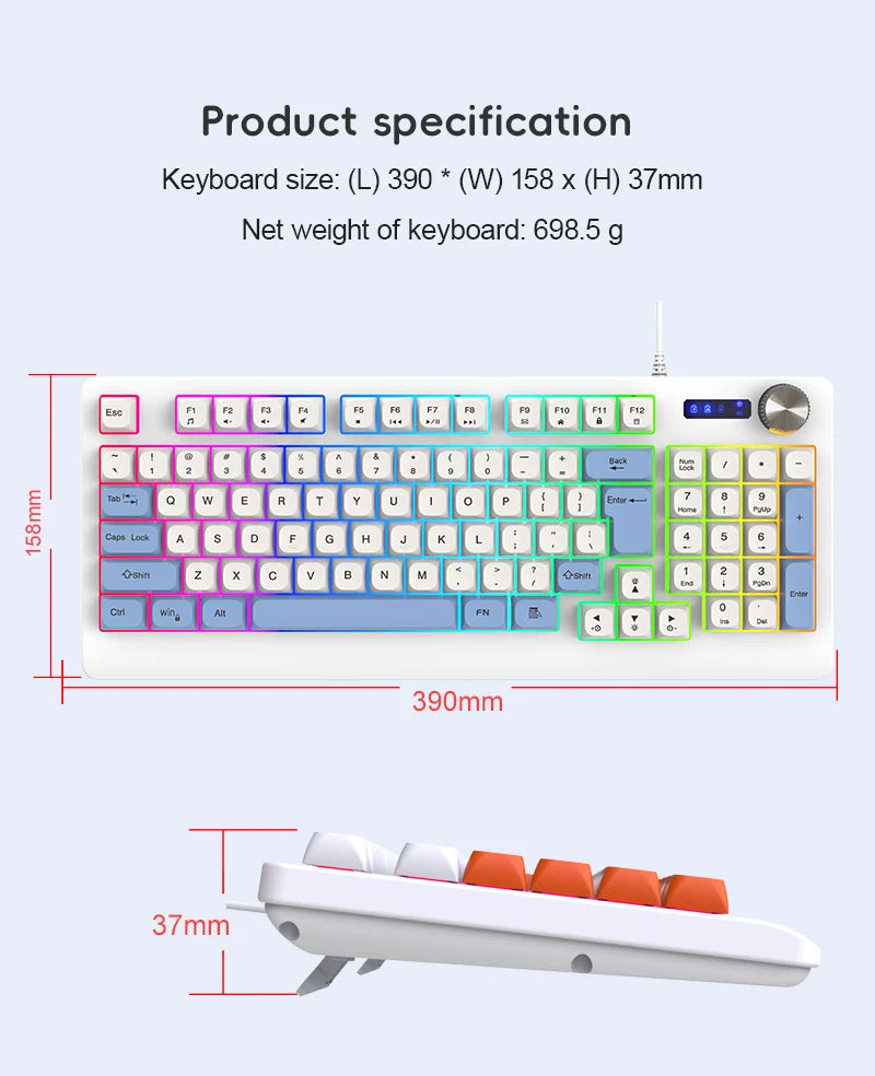 93 Keys Wired Gaming Keyboard with RGB Backlight Multi-Function Knob Color Matching Mechanical Feel Keyboard for PC Laptop Gamer