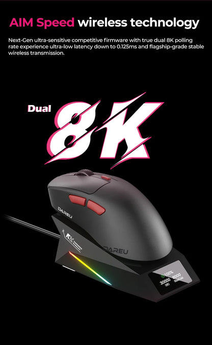 DAREU draadloze gamingmuis 8khz polling rate AIM-750 (3950) 30000 DPI tri-mode gamermuis 60g met oplaadstation