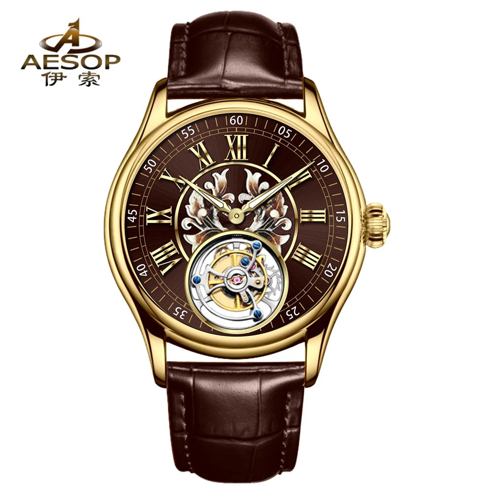 aesop Men's Watch Automatic Movement Mechanical Tourbillon Watch Skeleton Design Stainless Steel Case Waterproof Men's Watch 202