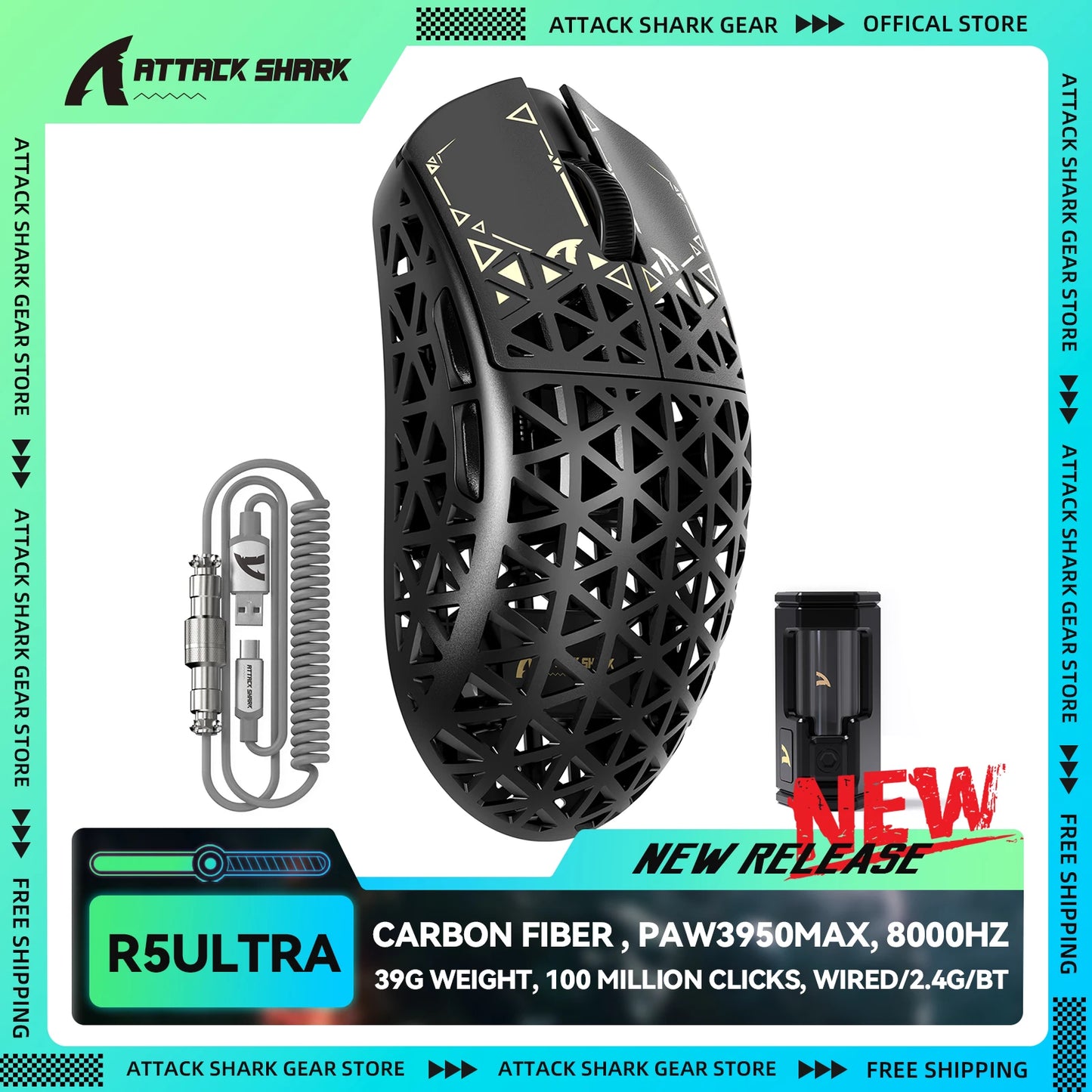 ATTACK SHARK R5Ultra Carbon Fiber trådløs 8K PAW3950MAX gamingmus med 8K spiralkabel,