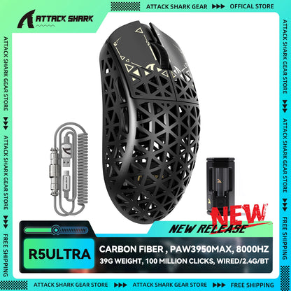 ATTACK SHARK R5Ultra Carbon Fiber trådløs 8K PAW3950MAX gamingmus med 8K spiralkabel,