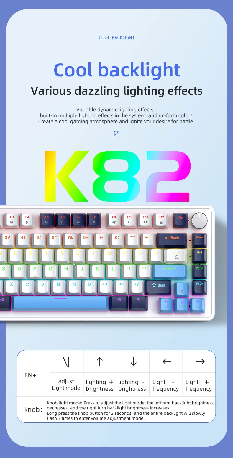 K82 75% Wired Mechanical Keyboard RGB Backlight, 82 KEY, Full Key Hot Swappable Blue Switch, Multifunctional Knob, Windows & Mac