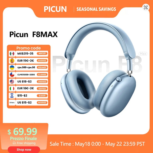 Picun F8MAX ANC Wireless Headphones 59dB Noise Cancelling Bluetooth 6.0 Over Ear Headset with Spatial Audio, 180H Battery Life & HiFi Sound