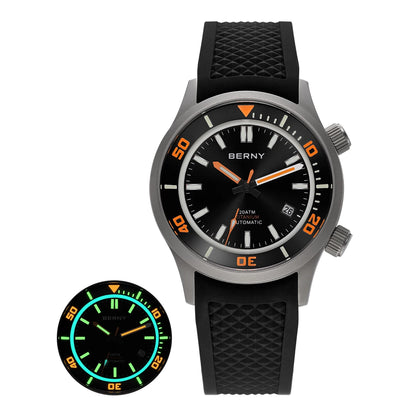 BERNY Automatic Full Titanium Diver Watch For Men Supper Luminous Sappire AR Coated Miyota 8215 Dual Crown Mechanical Dive Watch