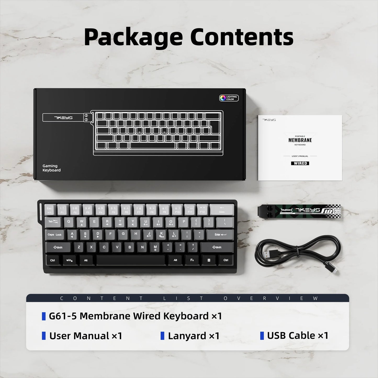 60% compact wired keyboard with RGB backlighting and gradient-colored keycaps, suitable for Windows tablets, laptops and gamers.