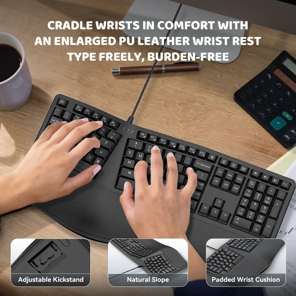 K9 USB Wired Ergonomic Split Keyboard Ergonomic Keyboard with Wrist Rest 110 Keys Keyboard Gaming Keyboard for Business Offices