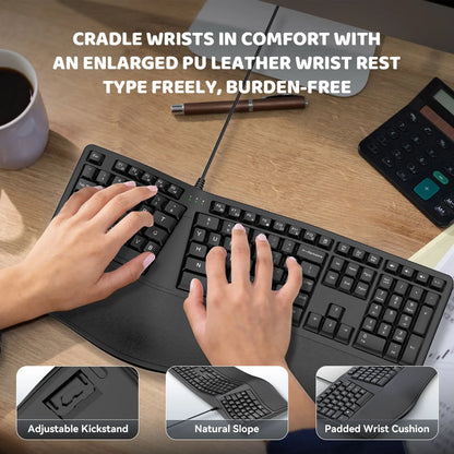 K9 USB Wired Ergonomic Split Keyboard Ergonomic Keyboard with Wrist Rest 110 Keys Keyboard Gaming Keyboard for Business Offices