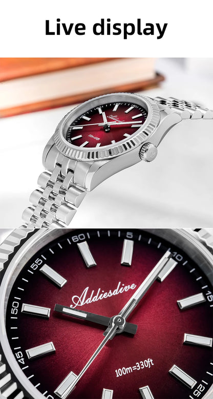 ADDIESDIVE New Men's Watch AD2073 Sapphire Glass 36mm VH31 Sunburst Quartz Watches 10Bar Waterproof Diving Luminous Wristwatch