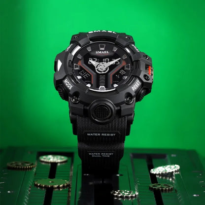 SMAEL 8075 Men's Analog Digital Dual Display Sport Watch - 50M Waterproof LED Backlight Dual Time Alarm Chronograph Stopwatch