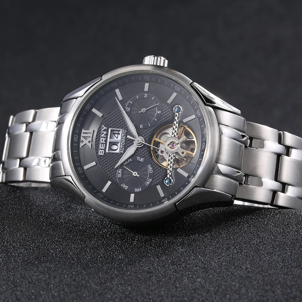 BERNY Automatic Watch for Men Auto Self-wind Mechanical Watches Date Skeleton 5ATM Luxury Male Wristwatches