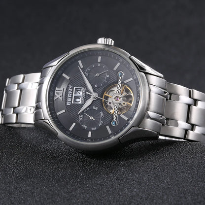 BERNY Automatic Watch for Men Auto Self-wind Mechanical Watches Date Skeleton 5ATM Luxury Male Wristwatches