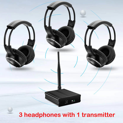 RF Silent Disco Foldable Wireless Headphones Bundle 3 Pack with 500m Transmitter, Stereo Party Headsets for TV, DJ, Dance & Events