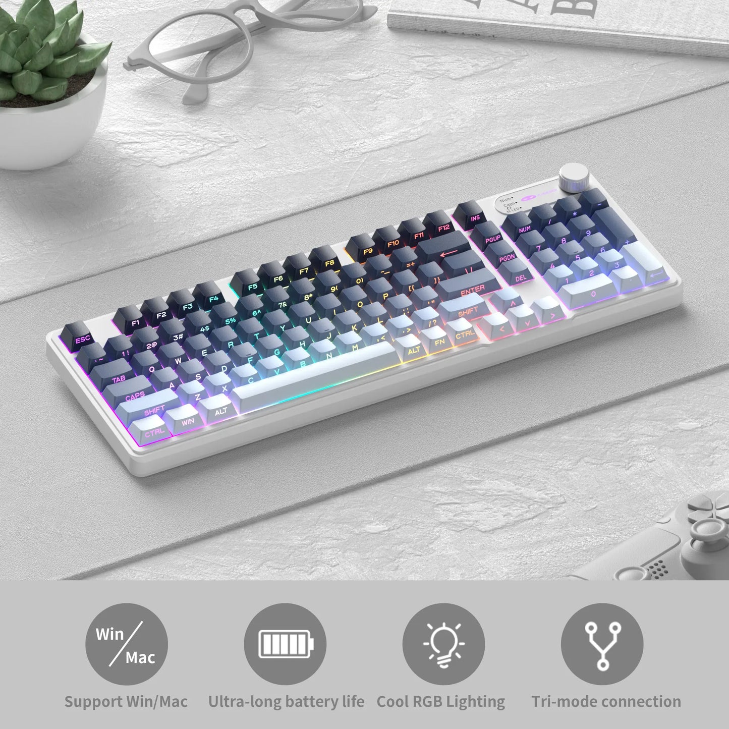 Magegee Gk960 Membrane Keyboard Wireless 2.4g Bt 98 Keys Abs Side Engraved Keycaps Adjustable Rgb Lights for Office Game Windows