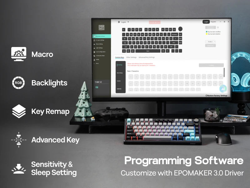 EPOMAKER TH80 V2 75% ANSI US Layout Gasket Tri-mode Wireless Mechanical Gaming Keyboard with 8000mAh Battey & RGB Backlight