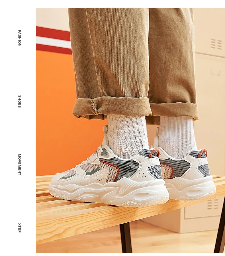 Xtep Casual Shoes For Men Breathable Thick Sole Heightened Lightweight Strong Wrapping Street Style Sports Shoes 977319320047