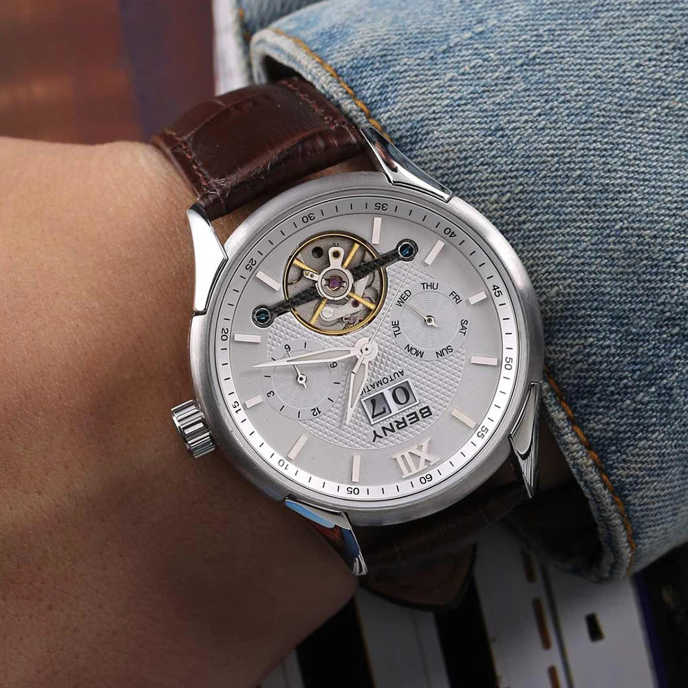 BERNY Automatic Watch for Men Auto Self-wind Mechanical Watches Date Skeleton 5ATM Luxury Male Wristwatches