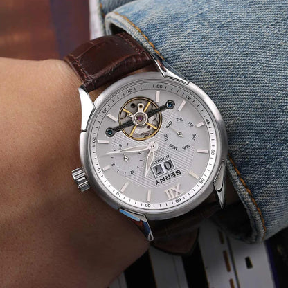 BERNY Automatic Watch for Men Auto Self-wind Mechanical Watches Date Skeleton 5ATM Luxury Male Wristwatches