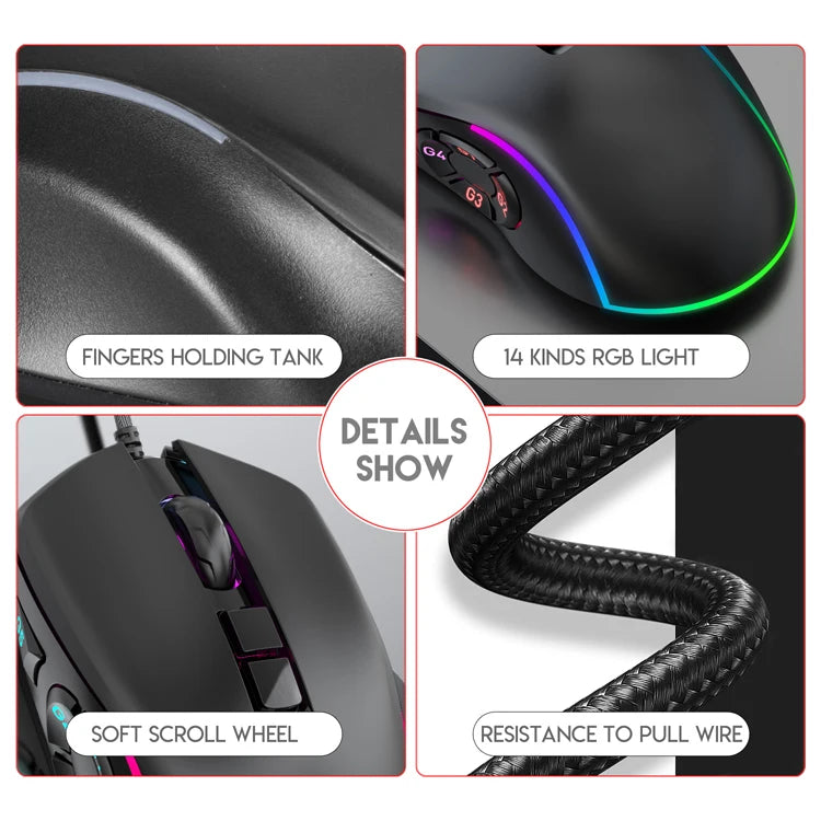 Vezetékes gamer irodai egér 7200DPI RGB háttérvilágítással, 6 állítható DPI-szinttel/10 programozható gombbal/asztalra visszalépő gombbal