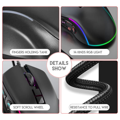 Vezetékes gamer irodai egér 7200DPI RGB háttérvilágítással, 6 állítható DPI-szinttel/10 programozható gombbal/asztalra visszalépő gombbal