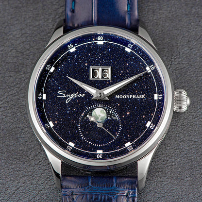 Sugess Moonphase Watch of Men 40mm Automatic Mechanical Wristwatches Origin ST2528 Movement Stainless Steel Blue Sandstone Dials