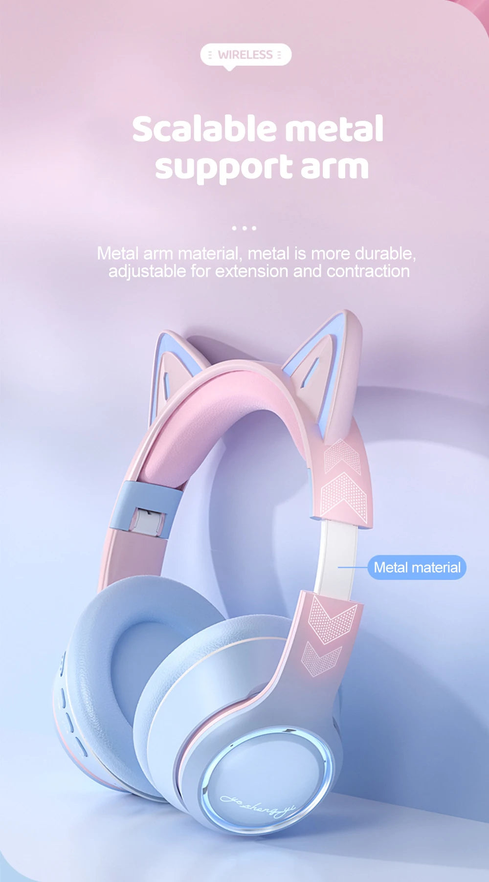 RGB Cat Ear Bluetooth Headphones Wireless Kids Headset with Microphone, Gradient LED Light Gaming Headphones, Stereo Music Bluetooth 5.3 Earphones for Girls