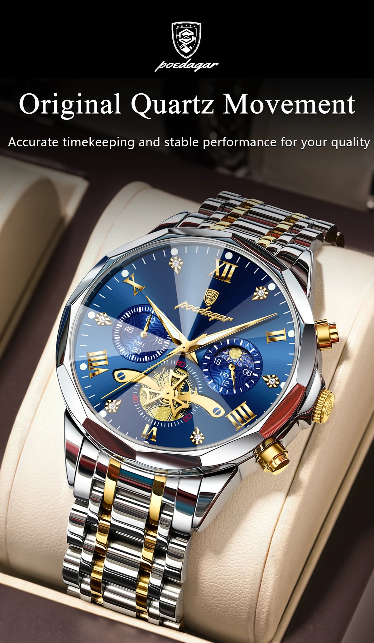 POEDAGAR Luxury Men Watch Top Original Waterproof Luminous Chronograph Man Wristwatch Stainless Steel Quartz Men's Watches Reloj