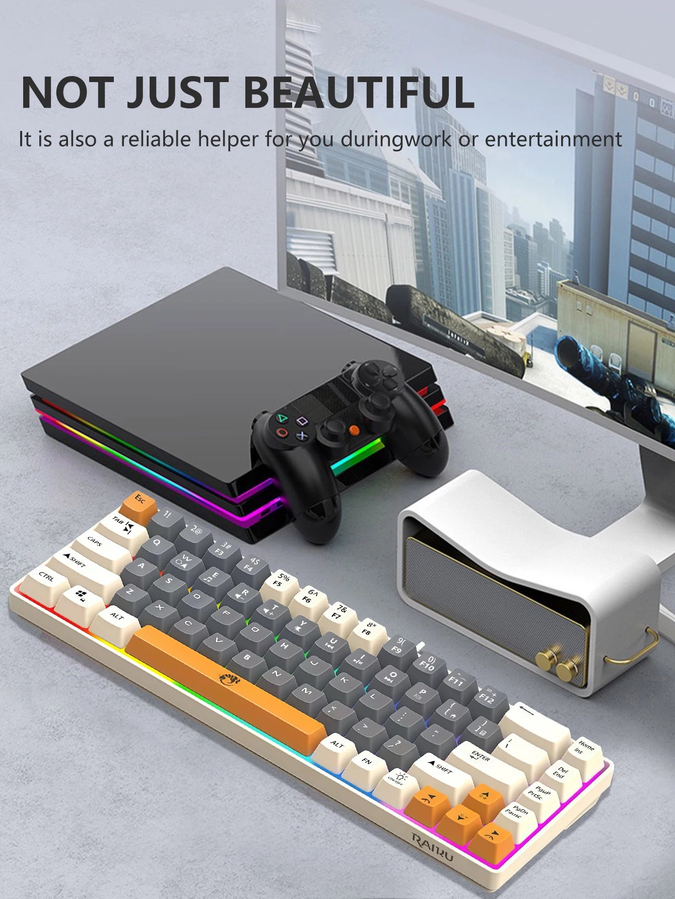 Three-piece wired gaming keyboard, rainbow backlight, multimedia function, mechanical feel, suitable for office and gaming