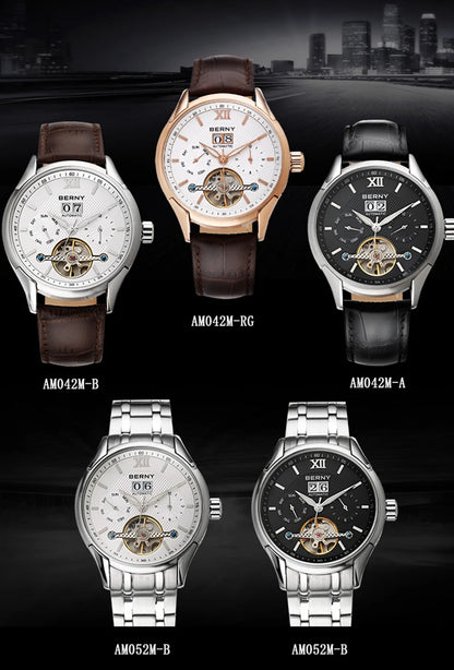 BERNY Automatic Watch for Men Auto Self-wind Mechanical Watches Date Skeleton 5ATM Luxury Male Wristwatches