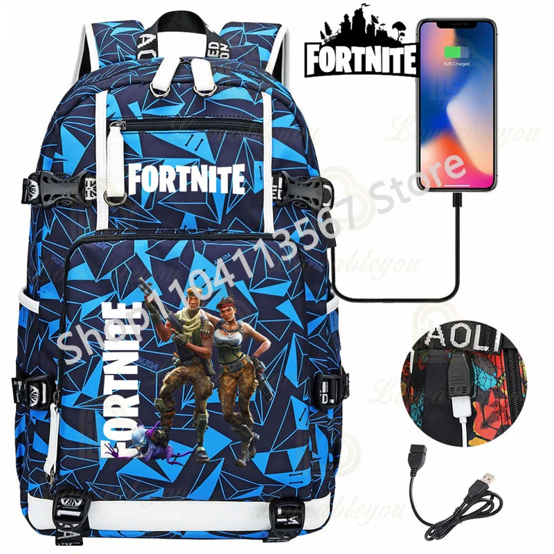 Ultima Knight F-Fortnited Battle Royale Backpack with USB Charging Anime Figures Study Stationery Compartment for Students
