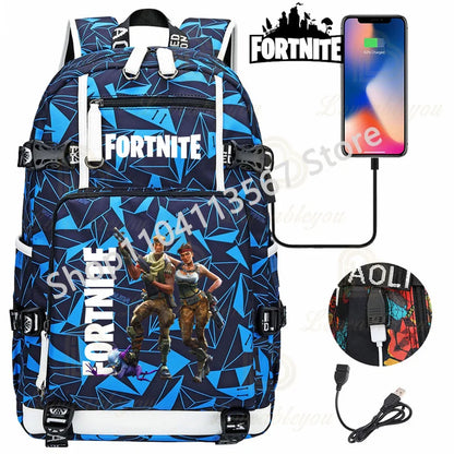 Ultima Knight F-Fortnited Battle Royale Backpack with USB Charging Anime Figures Study Stationery Compartment for Students