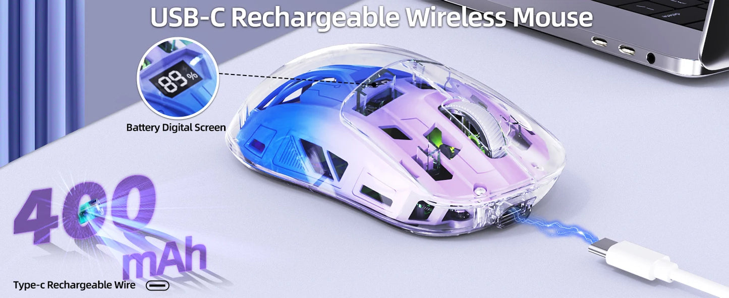 Mouse de gaming wireless transparent A2, BT 5.0/2.4G pentru PC, reîncărcabil, RGB, cu ecran digital, PixArt 3212, 5 niveluri DPI ajustabile
