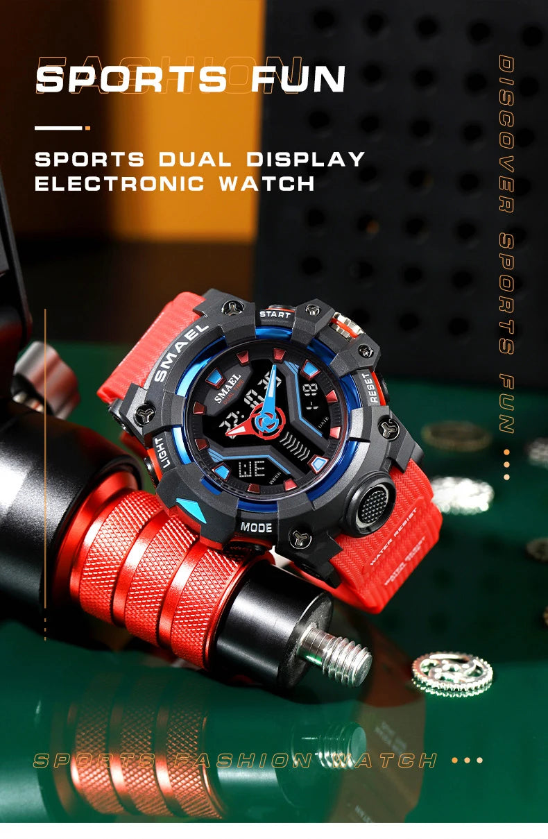 SMAEL 8075 Men's Analog Digital Dual Display Sport Watch - 50M Waterproof LED Backlight Dual Time Alarm Chronograph Stopwatch