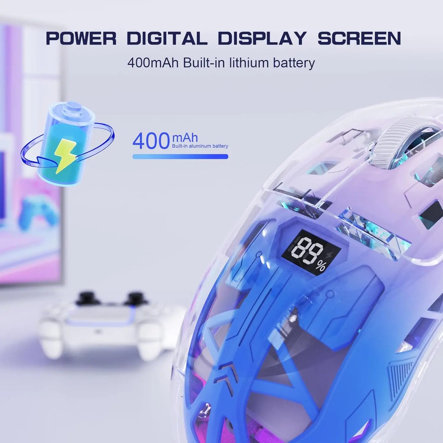 Mouse de gaming wireless transparent A2, BT 5.0/2.4G pentru PC, reîncărcabil, RGB, cu ecran digital, PixArt 3212, 5 niveluri DPI ajustabile