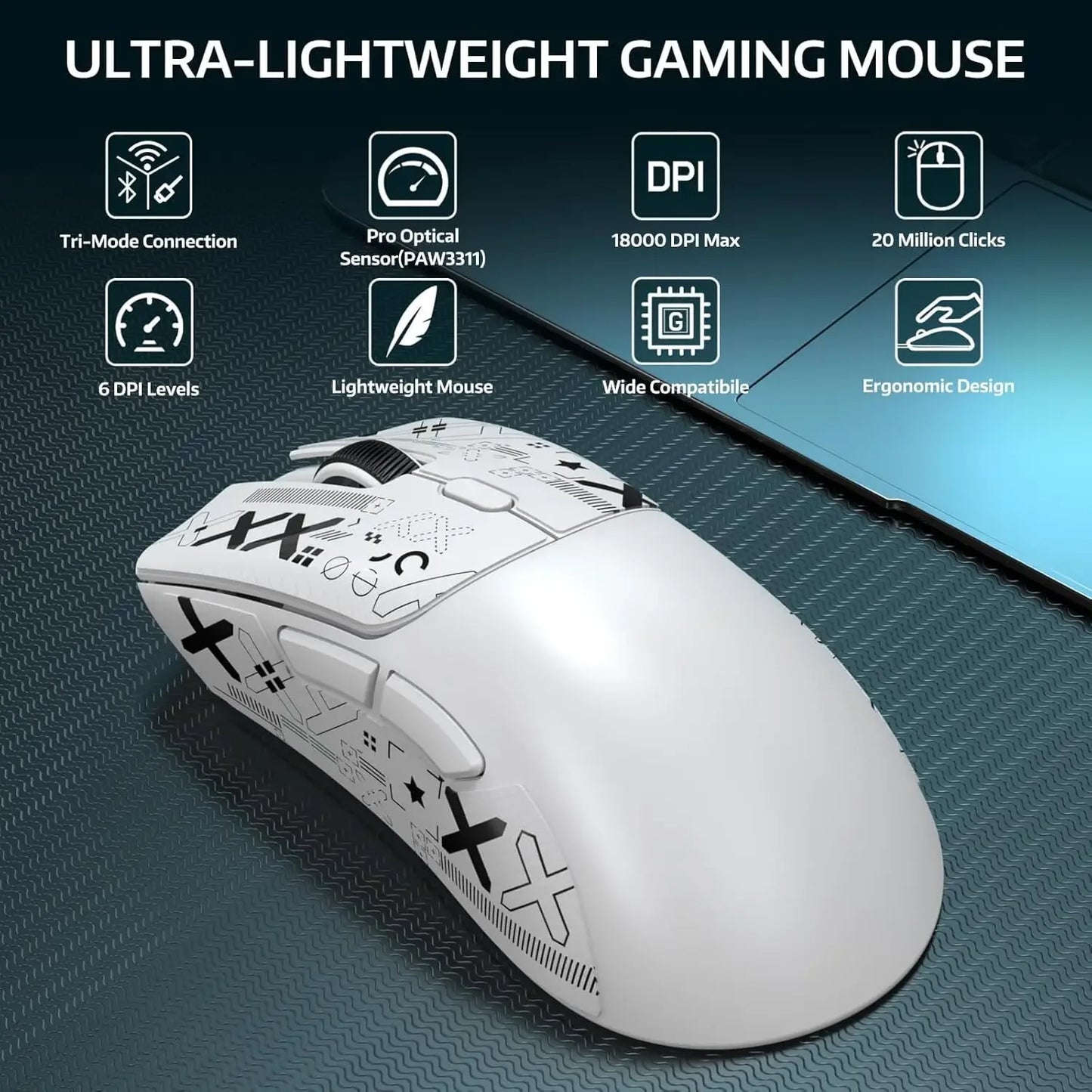 Attack Shark R1 Wireless Gaming Mouse, 55g Ultra-Lightweight Tri-Mode Gaming Mouse, PAW3311 Sensor, 18000 DPI, Bluetooth 5.2, 2.4GHz & USB-C for PC, Mac & Laptop
