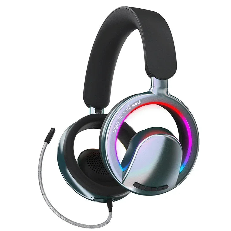 Casque de jeu à oreilles découvertes, écouteurs Bluetooth, effet lumineux RGB, autonomie de 20 heures, batterie de 400 mAh, recharge par USB-C, pliable, confortable.