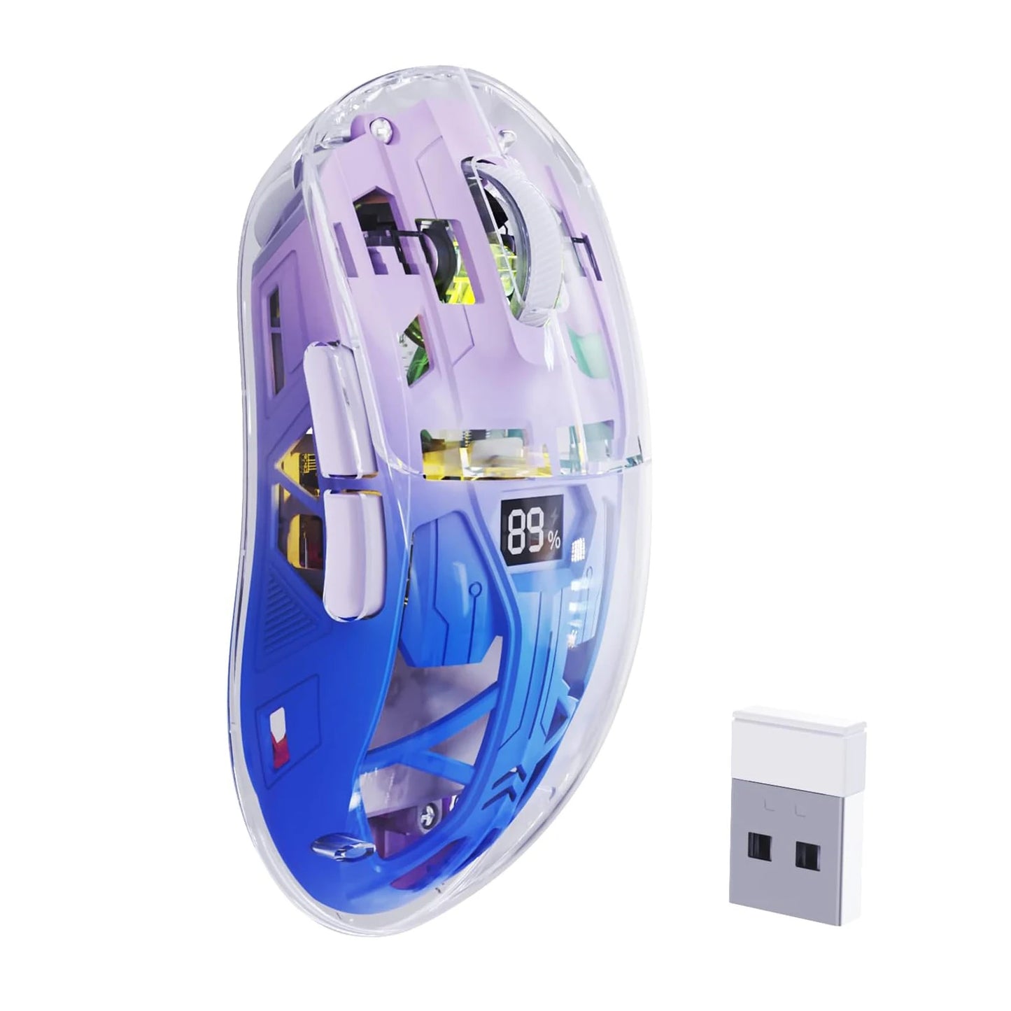 Mouse de gaming wireless transparent A2, BT 5.0/2.4G pentru PC, reîncărcabil, RGB, cu ecran digital, PixArt 3212, 5 niveluri DPI ajustabile