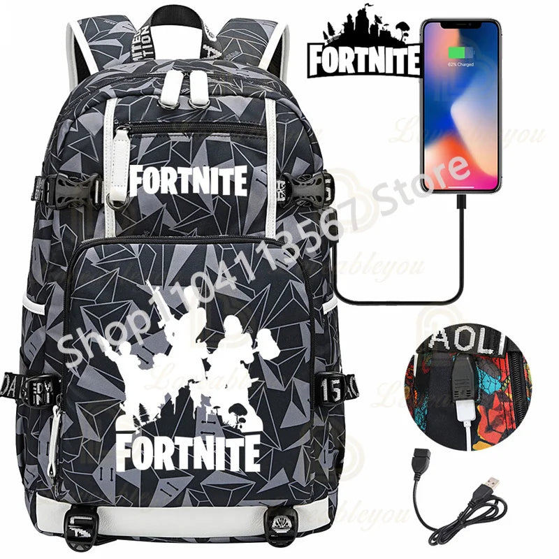 Yule Trooper F-Fortnited Battle Royale Rucksack mit USB-Ladeanschluss, Anime-Figuren, Lern- und Schreibwarenfach für Schüler