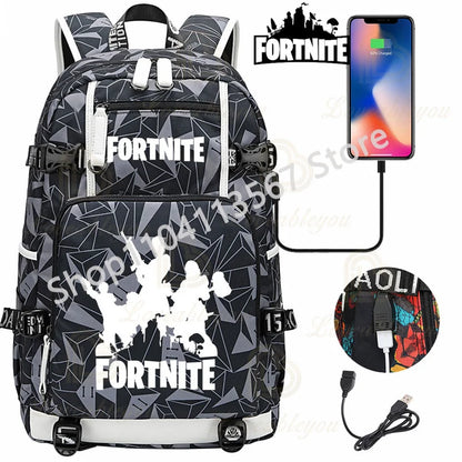Yule Trooper F-Fortnited Battle Royale Rucksack mit USB-Ladeanschluss, Anime-Figuren, Lern- und Schreibwarenfach für Schüler
